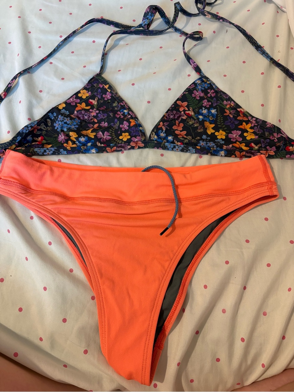 Jolyn Clothing Floral Black Triangle Bikini Top with Bright Coral Orange Bottoms